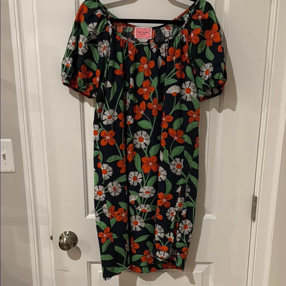 Kate Spade Black Midi Dress with Orange and White Floral Design